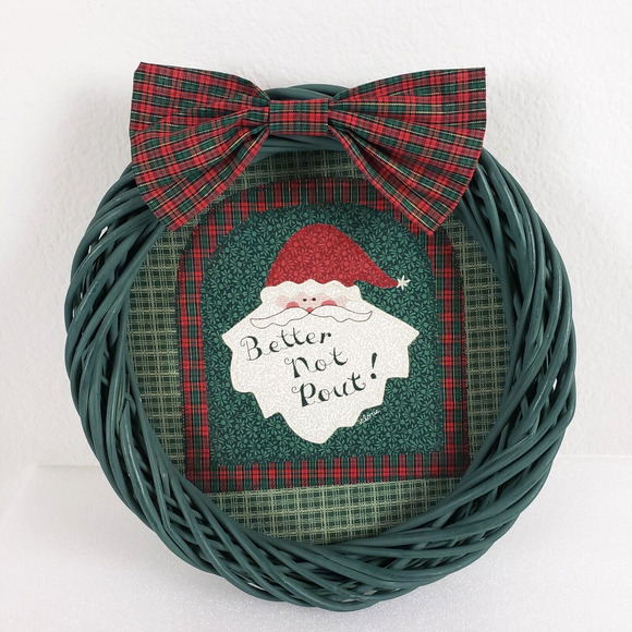 Handmade Green Wicker Wreath Better not Pout Xmas Christmas Decor Quilted Design - Picture 6 of 6